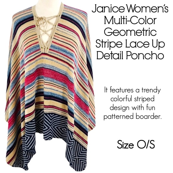 Janice Women’s Multi-Color Geometric Stripe Lace-Up Detail Poncho - Picture 9 of 16